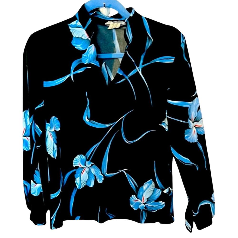 Mardi Modes Top Womens Size 10 Long Sleeve Blue Black Floral Lightweight Vintage